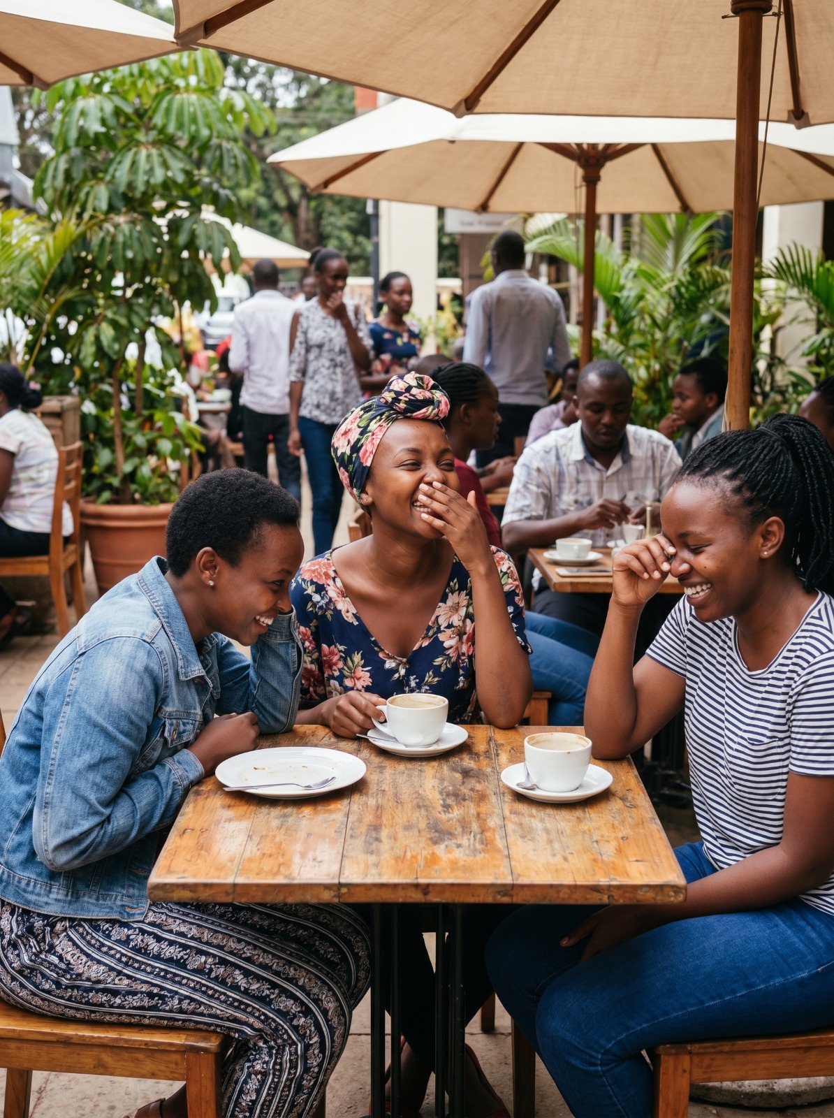 Group of young Kenyan women laughing together at an outdoor cafe, one subtly covering her mouth while laughing