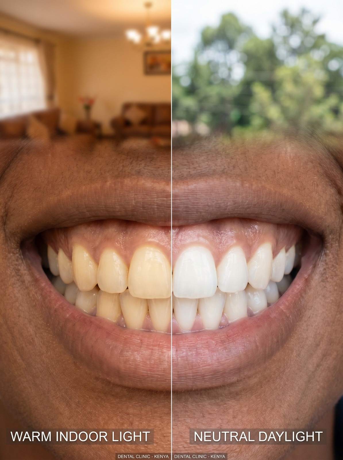 Close-up comparison of teeth in warm indoor lighting versus neutral daylight, showing subtle color difference