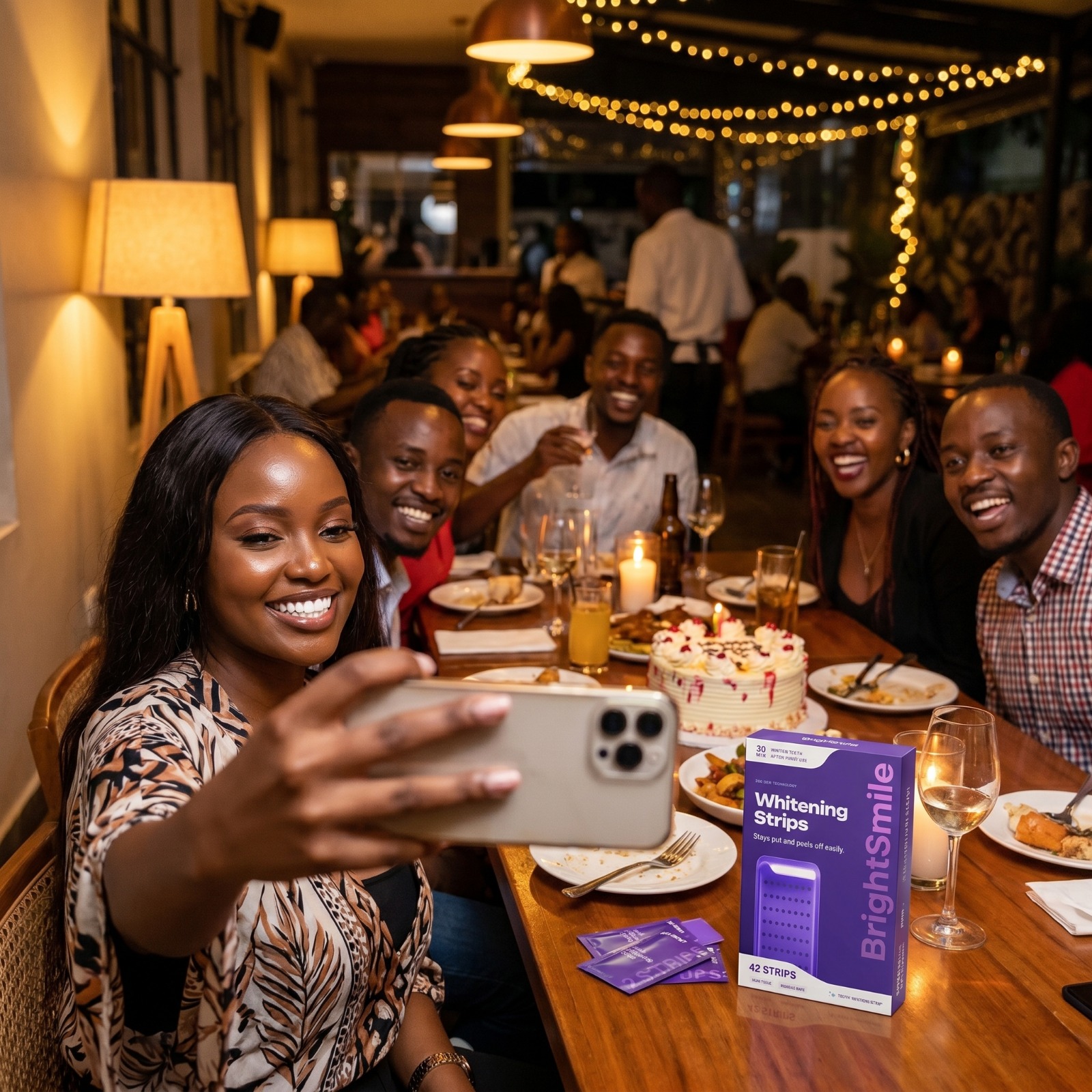 Trois Kényanes sourient avec assurance en extérieur, leurs sourires blancs et naturels visibles en plein jour